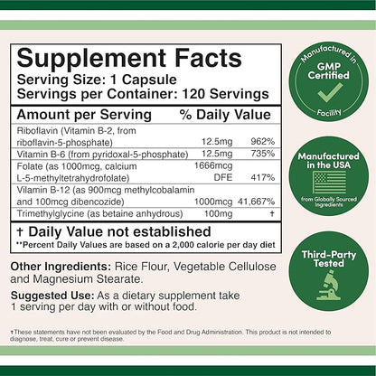 Methylated Multivitamin (Methylated and Activated Vitamins Only - Methylated B Complex with Trimethylglycine (TMG) and Methylfolate)(Non-GMO, Gluten Free MTHFR Supplement) 120 Capsules by Double Wood