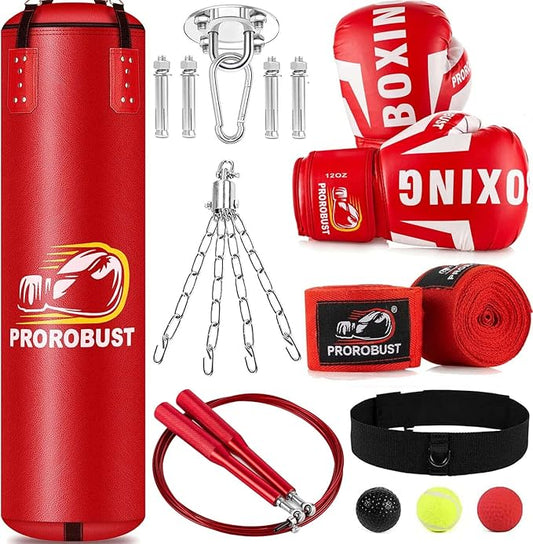 Prorobust Punching Bag for Adults, 4ft PU Heavy Boxing Bag Set with 12OZ Gloves for MMA Kickboxing Boxing Karate Home Gym Training (Unfilled)
