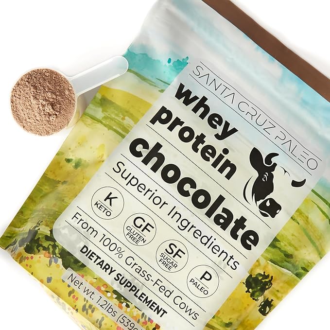 Santa Cruz Paleo Whey Protein Powder, Chocolate, 20g Grass Fed Whey Protein Isolate Per Serving, Gluten Free, Keto, Sugar Free, Paleo, Natural, Post Workout Muscle Support, 20 Servings, 1.2lb Bag