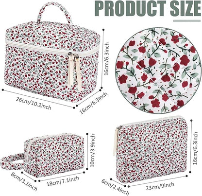 Paterr 3 Pieces Cotton Quilted Makeup Bag Set Coquette Cosmetic Bag Aesthetic Travel Toiletry pouch Cute Pouch Kawaii Aesthetic for Women(Red,Red Floral)
