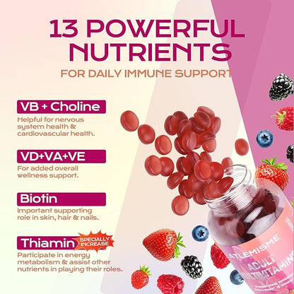 Adults Multivitamin Gummies,Mixed Berry Flavor,Essential Daily Vitamins A, C, D2, E, B5, B6, B12, Biotin & Zinc for Teens and Adults, 120 Count, 3g Each,Gelatin Free,Gluten-Free,Non-GMO