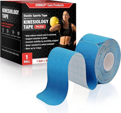 EVERLIT [Single] Pre-Cut Elastic Cotton Kinesiology Therapeutic Athletic Sports Tape, for Pain Relief and Support, 20 Precut 10” Strips (Light Blue)