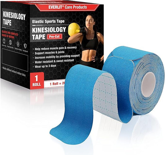 EVERLIT [Single] Pre-Cut Elastic Cotton Kinesiology Therapeutic Athletic Sports Tape, for Pain Relief and Support, 20 Precut 10” Strips (Light Blue)