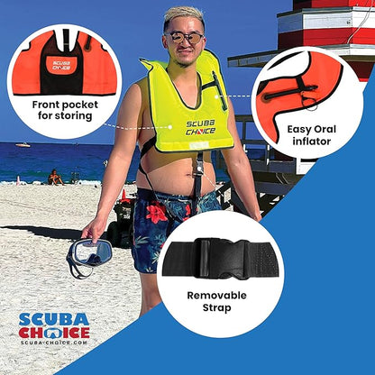 Scuba Choice Kids Snorkel Vest with Front Pocket & Whistle, Orange – Adjustable, Lightweight, Inflatable Vests for Kids Up to 100lbs, Easy Oral Inflator, Removable Strap, Portable Water Safety Gear