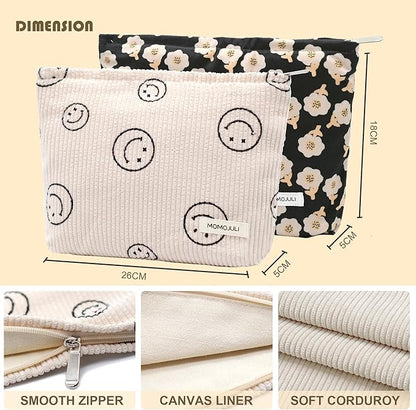 Corduroy Makeup Bag Cosmestic Bag Large Capacity Ladies Women Aesthetic Make Up Organizer Accessories Zipper Pouch Purse （Beige+Black Flowers）