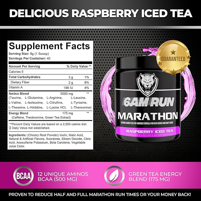 6AM Run Marathon, Pre-Workout Powder for Distance Running, Essential Amino Energy for Cardio & Stamina, All-Natural High-Energy Formula with No Jitters, Raspberry Iced Tea, 40 Servings