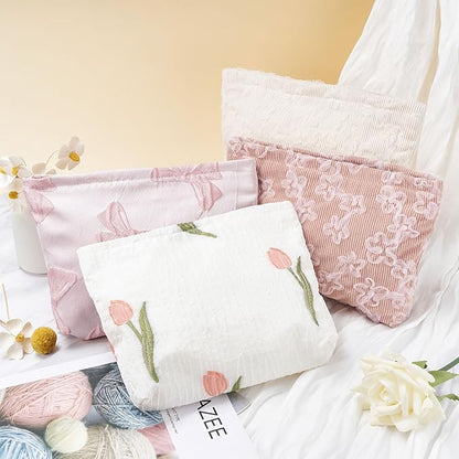 WOZEAH Floral Makeup Bag for Purse Small Cosmetic Pouch,Stylish Zipper Make up Pouch Travel Canvas Toiletry Bags(White Tulips)