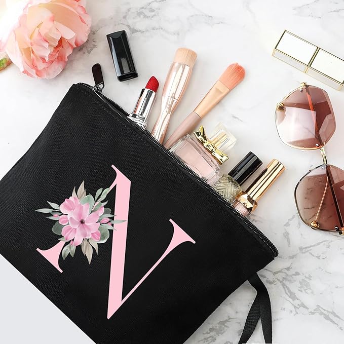 Vavabox A-Z Personalized Makeup Bag, Birthday Gifts for Women Mom, Gifts for Best Friend, Bride Bridesmaid Cosmetic bag (N, Black)