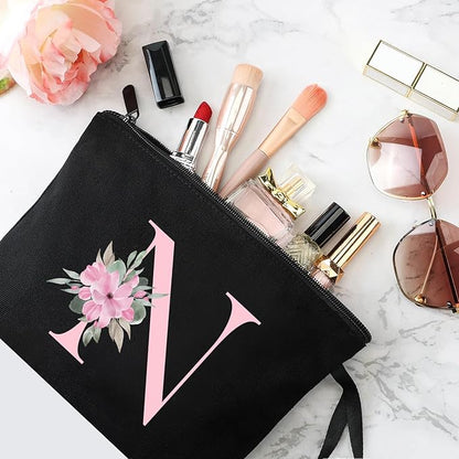 Vavabox A-Z Personalized Makeup Bag, Birthday Gifts for Women Mom, Gifts for Best Friend, Bride Bridesmaid Cosmetic bag (N, Black)