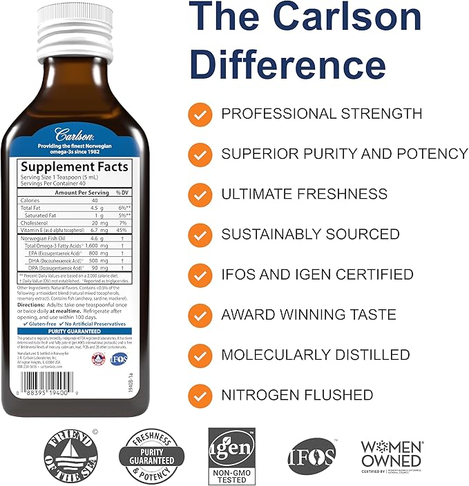 Carlson - The Very Finest Fish Oil, 1600 mg Omega-3s, Liquid Fish Oil Supplement, Norwegian Fish Oil, Wild-Caught, Sustainably Sourced Fish Oil Liquid, Just Peachie, 200 mL (6.7 Fl Oz)