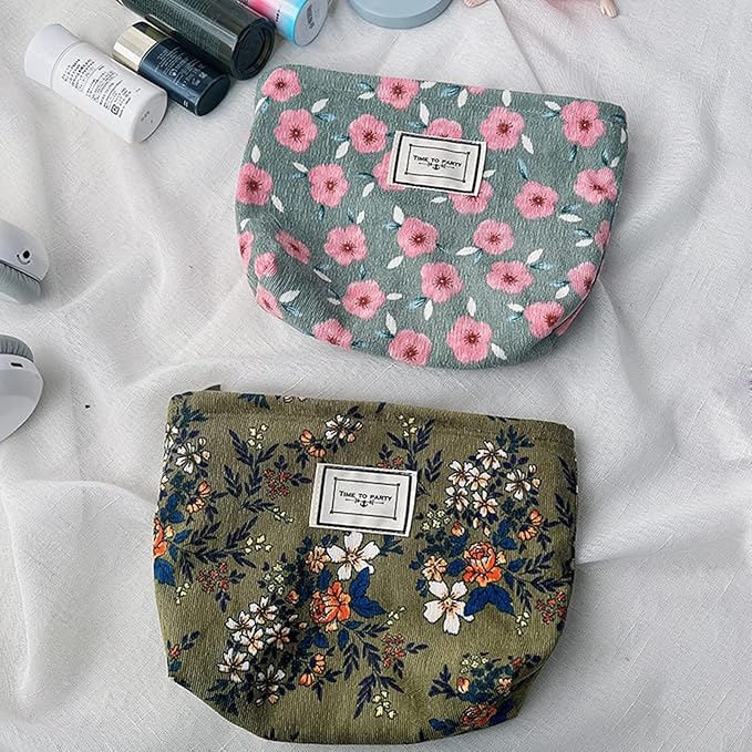 Flower Fabric Makeup Bag for Purse, Vintage Corduroy Cosmetic Pouch Bag, Portable Travel Handbag for Women Girls (Cherry)