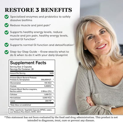 Restore 3 Proteolytic Enzyme & Spore Probiotic Blend Supplement - 180 Capsules - Advanced Biofilm Disruption Aid - Support GI Health, Fibromyalgia, Gut Flora, Muscle & Joint Support