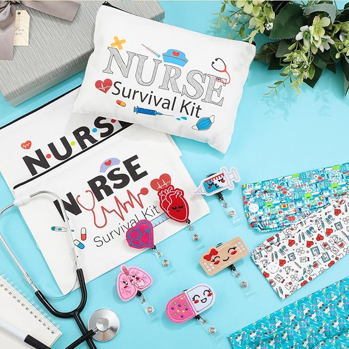 XunYee 18 Pcs Nurse Gift Survival Kit 2025 Nurse Week Appreciation Gift for Women 6 Cosmetic Makeup Bag 6 Badge Reel Retractable 6 Headband with Button Women Doctor Present for Hospital(Stylish Style)