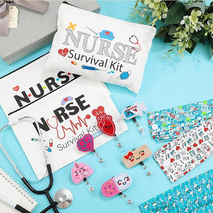 XunYee 18 Pcs Nurse Gift Survival Kit 2025 Nurse Week Appreciation Gift for Women 6 Cosmetic Makeup Bag 6 Badge Reel Retractable 6 Headband with Button Women Doctor Present for Hospital(Stylish Style)