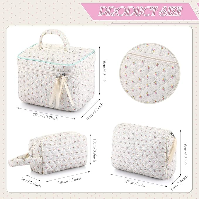 Paterr 3 Pieces Cotton Quilted Makeup Bag Set Coquette Cosmetic Bag Aesthetic Travel Toiletry pouch Cute Pouch Kawaii Aesthetic for Women(White,Little Flower)