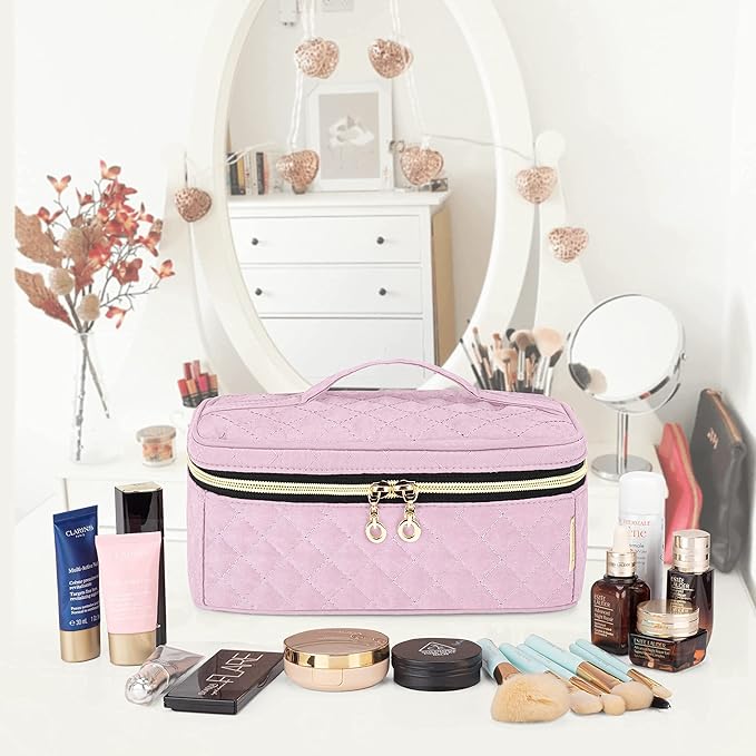 Teamoy Travel Makeup Brush Case, Makeup Train Organizer Bag with Handle for Makeup Brushes(up to 9-inch) and Essentials, Medium, Pink(BAG ONLY)