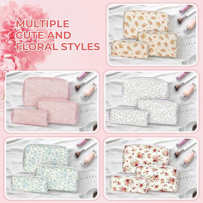 Quilted Makeup Bag Set,Large Floral Cosmetic Pouch For Women,Cute Cotton Brushes Storage Travel Toiletry Organizer Bags(Red Rose)