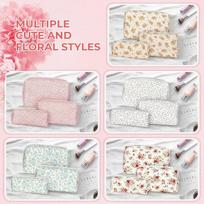 Quilted Makeup Bag Set,Large Floral Cosmetic Pouch For Women,Cute Cotton Brushes Storage Travel Toiletry Organizer Bags(Red Rose)