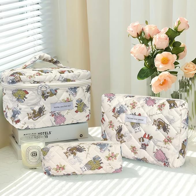 Quilted Makeup Bag, Large Capacity Travel Cosmetic Bag for Women and Girls, Aesthetic Storage for Daily and Travel Use (3pcs-CatAnimalPrint)