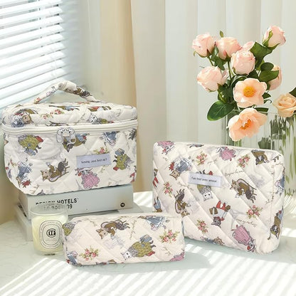 Quilted Makeup Bag, Large Capacity Travel Cosmetic Bag for Women and Girls, Aesthetic Storage for Daily and Travel Use (3pcs-CatAnimalPrint)