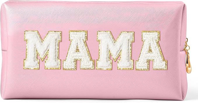 CY2SIDE MAMA Letter Makeup Bag - White Mama Chenille Letter Patch Cosmetic Bag Pink PU Leather Patch Travel Pouch Waterproof Portable Zipper Travel Organizer Case Christmas Idea Gifts for Mom Women