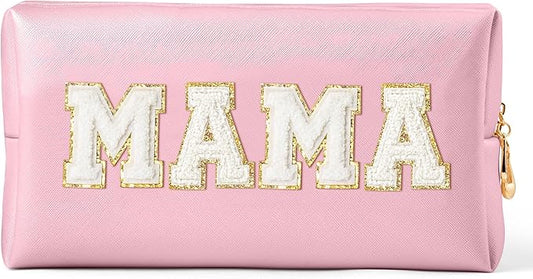 CY2SIDE MAMA Letter Makeup Bag - White Mama Chenille Letter Patch Cosmetic Bag Pink PU Leather Patch Travel Pouch Waterproof Portable Zipper Travel Organizer Case Christmas Idea Gifts for Mom Women