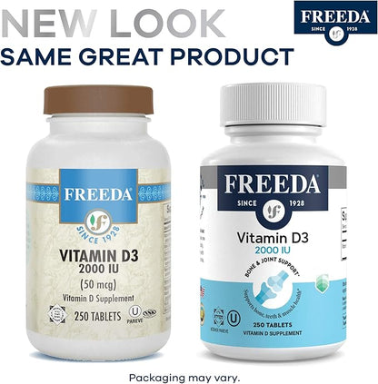 FREEDA Vitamin D3-3000 IU - Pure High Potency Kosher Supplement Tablets - Bone and Muscle Health, Calcium Absorption, Immune Support for Men and Women* - 250 Count