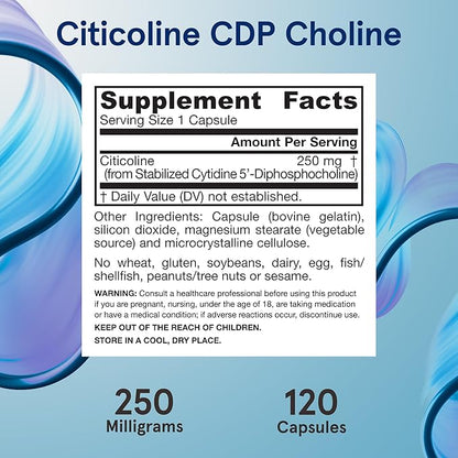 Jarrow Formulas Citicoline CDP Choline 250 MG, CDP Choline Supplement Supports Brain Health, Performance and Memory, 120 Capsules, Up to a 120 Day Supply, Pack of 12