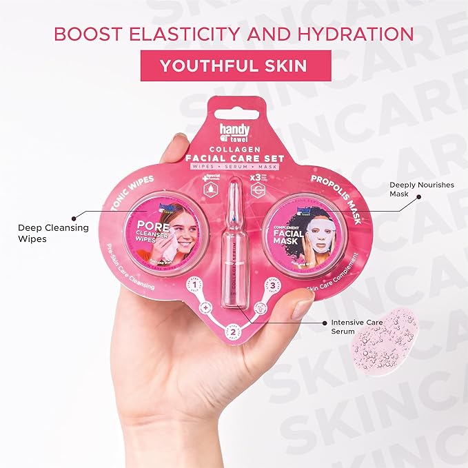 Handy Towel 3-Step Collagen Facial Care Set, Skin Renewal Collagen Face Kit, Collagen with Hyaluronic Acid, Nourishing Glow Capsule Skin Care Solution, 3 in 1 Purify+Hydrate+Boost Beauty Set