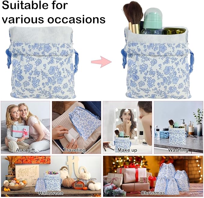 LYDZTION 4pcs Floral Drawstring Makeup Bags Pouches For Purse, Small Canvas Cloth Gift Bags Pouch For Cosmetics Jewerlry Home Travel Storage,Blue