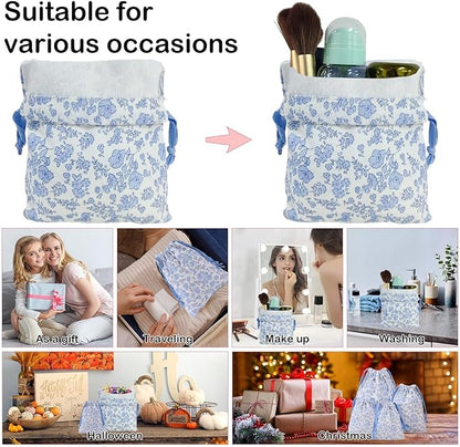LYDZTION 4pcs Floral Drawstring Makeup Bags Pouches For Purse, Small Canvas Cloth Gift Bags Pouch For Cosmetics Jewerlry Home Travel Storage,Blue
