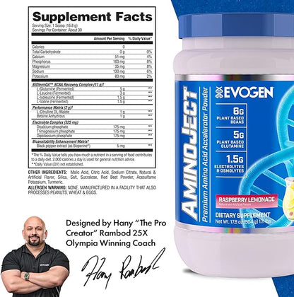 Evogen AminoJect - Premium BCAA Powder & EAA Recovery Formula with Electrolytes | Amino Acids Supplement for Muscle Growth, Hydration, & Recovery | Raspberry Lemonade | 30 Servings