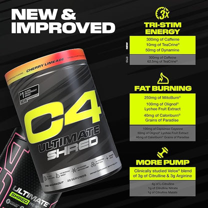 Cellucor C4 Ultimate Shred Pre Workout Powder, Metabolism Supplement with Cayenne Extract+300mg Caffeine+TeaCrine+Dynamine - Cherry Limeade, 20 Servings