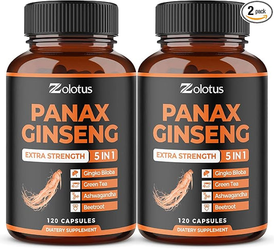 Zolotus 2 Packs Korean Red Panax Ginseng + Ginkgo Biloba, 2800mg with Ashwagandha, Beet Root, Green Tea, Boost Energy, Mood, Focused Strength, Enhanced Stamina Performance, 240 Capsules