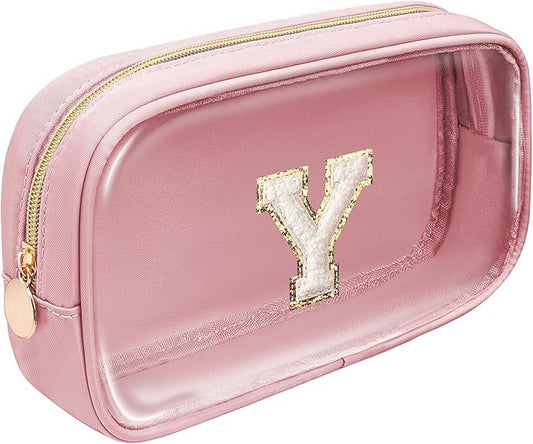 LETGO Initial Make Up Bag Travel Toiletry Organizer - Clear Cosmetic Bag - Pink Gift for Women, Teen, Girlfriend, Teacher, Mom, Birthday (Pink)