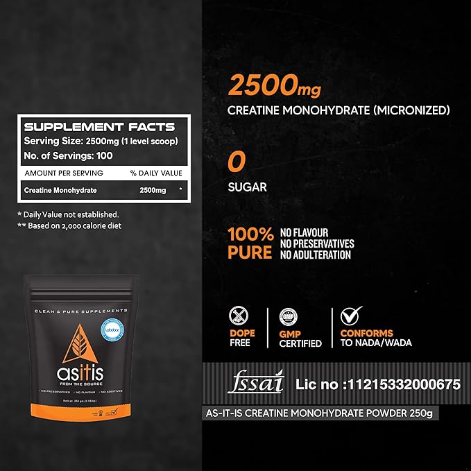 AS-IT-IS Nutrition Creatine Monohydrate 250gms/8.8 Oz | USA Labdoor Certified for Accuracy & Purity Preworkout 2.5g Per Serving Free of Fillers and Preservatives