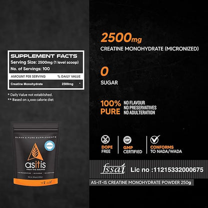 AS-IT-IS Nutrition Creatine Monohydrate 250gms/8.8 Oz | USA Labdoor Certified for Accuracy & Purity Preworkout 2.5g Per Serving Free of Fillers and Preservatives