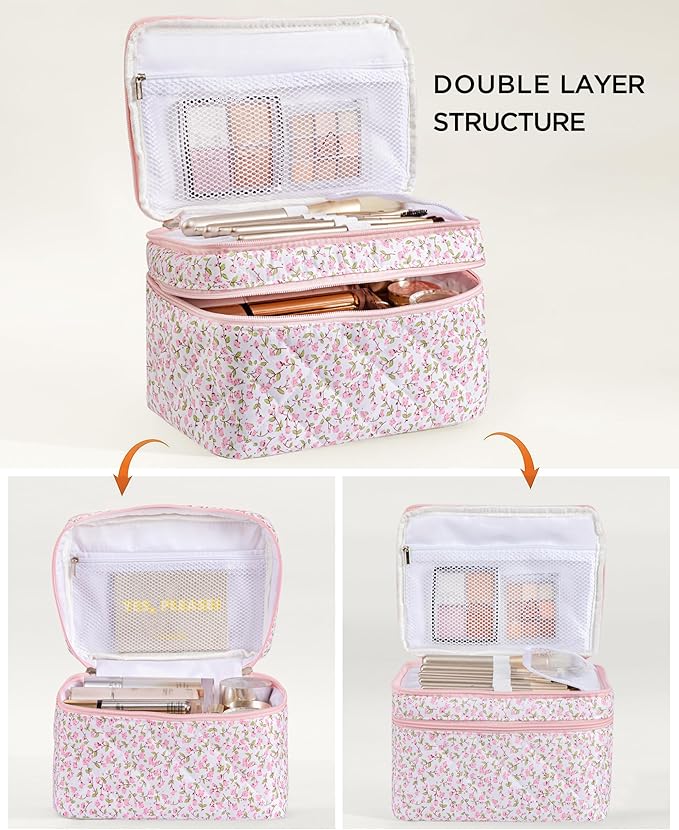 HBselect 2Pcs Travel Makeup Bag, Large Cotton Quilted Makeup Bag Cosmetic Bag Cute Make up Bag Toiletry Bags for Women Girls