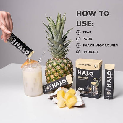 Halo Hydration - Electrolyte Drink Mix | Hydration Powder Packets | Pina Colada Flavor – for Sports and Cycling | Easy Open Single Serving Stick | 12 Sticks