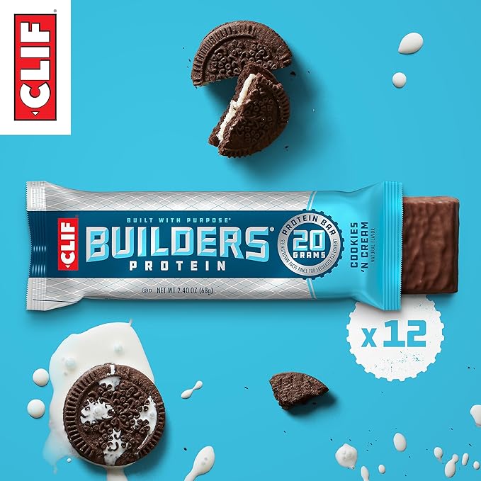 CLIF Builders - Cookies 'n Cream Flavor - Plant Based Protein Bars - Gluten Free - Non-GMO - Low Glycemic - 20g Protein - 2.4 oz. (12 Count)