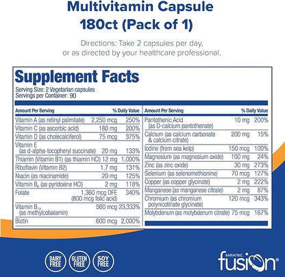 Bariatric Fusion Bariatric Multivitamin Without Iron | Post Bariatric Surgery Patients | Iron Free Bariatric Vitamin for Gastric Bypass and Sleeve Gastrectomy | 180 Capsules | 3 Month Supply