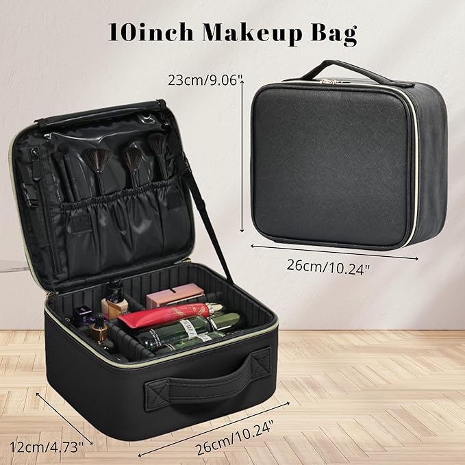 Makeup Travel Case 10 Inch, Large Storage Capacity Makeup Organizer Travel Bag with Compartment, Portable Cosmetic Case for Women, Waterproof, Durable, Gift for Her, Black