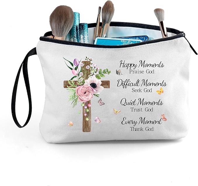 Faith Based Gifts Cosmetic Bag,Faith Based Gifts for Women,Mothers Day Religious Gifts,Happy Moment Praise God Small Makeup Cosmetic Pouch,Christian Woman Gifts,Godly Gifts for Women