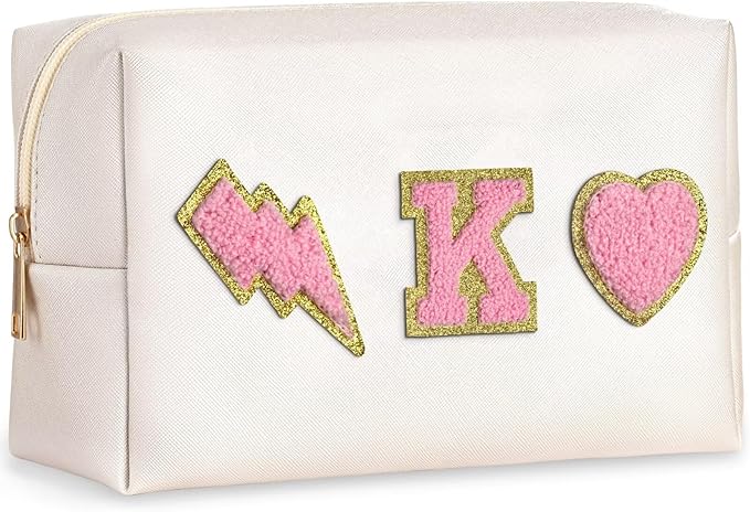 TOPEAST Preppy Makeup Bag Initial Chenille Letter Bag Cosmetic Bag Portable Travel Toiletry Bag, Personalized Birthday Gift for Women Girls, Preppy Travel Stuff for Girls, White K
