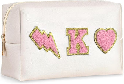 TOPEAST Preppy Makeup Bag Initial Chenille Letter Bag Cosmetic Bag Portable Travel Toiletry Bag, Personalized Birthday Gift for Women Girls, Preppy Travel Stuff for Girls, White K