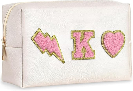 TOPEAST Preppy Makeup Bag Initial Chenille Letter Bag Cosmetic Bag Portable Travel Toiletry Bag, Personalized Birthday Gift for Women Girls, Preppy Travel Stuff for Girls, White K