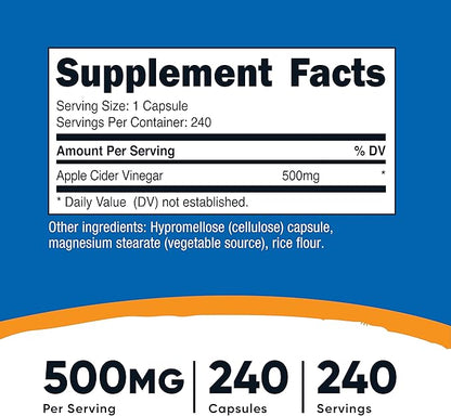 Nutricost Apple Cider Vinegar 500mg, 240 Vegetarian Capsules - Natural, Non-GMO, and Gluten Free (2 Bottles)