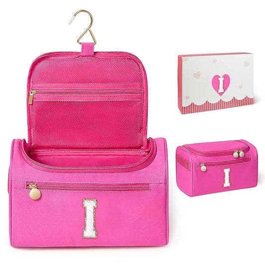 COSHAYSOO Summer Birthday Gifts for Women Her Beach Vacation Gift Ideas Personalized Travel Size Toiletries Organizer, Large Hanging Toiletry Bag Skincare Case Waterproof Traveling Hot Pink Letter I