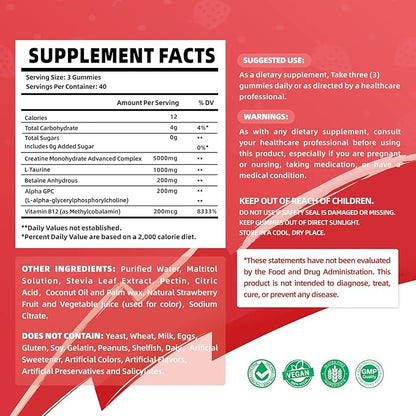 Creatine Monohydrate Gummies Complex 6400mg for Men & Women - 120 Gummies Advanced Formula, L-Taurine + Vitamin B12 for Muscle Strength, Muscle Builder, Energy Boost, Pre-Workout Supplement-Strawberry