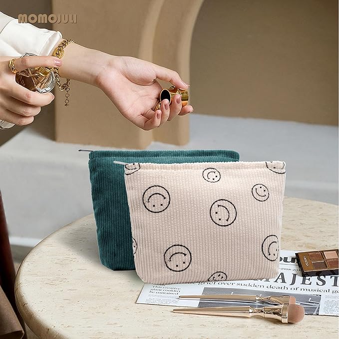 Corduroy Makeup Bag Cosmestic Bag 2pcs Large Capacity Ladies Women Aesthetic Make Up Organizer Accessories Zipper Pouch Purse （Beige+Green）